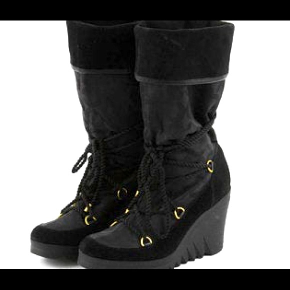 Coach 9.5 Maisy Black Adjustable Wedge Boots NICE
